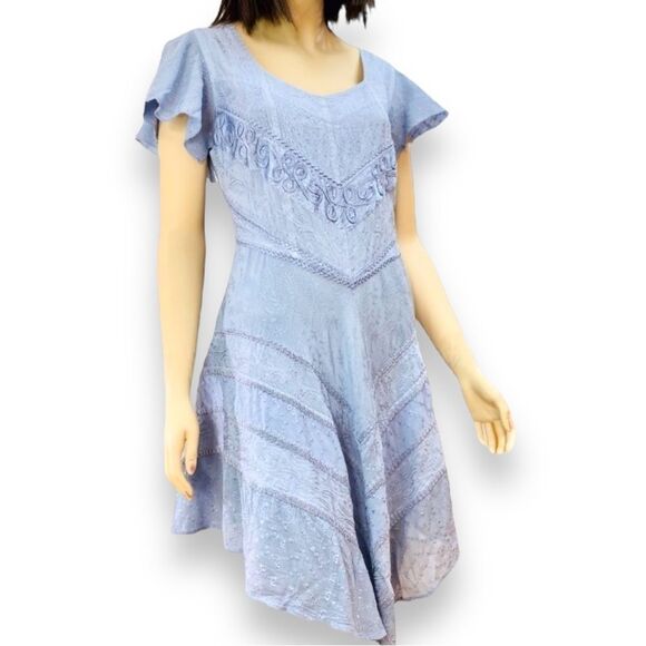 Blue Short Sleeve Embroidery Asymmetrical Mini Dress Holy Clothing - NEW - Picture 1 of 4